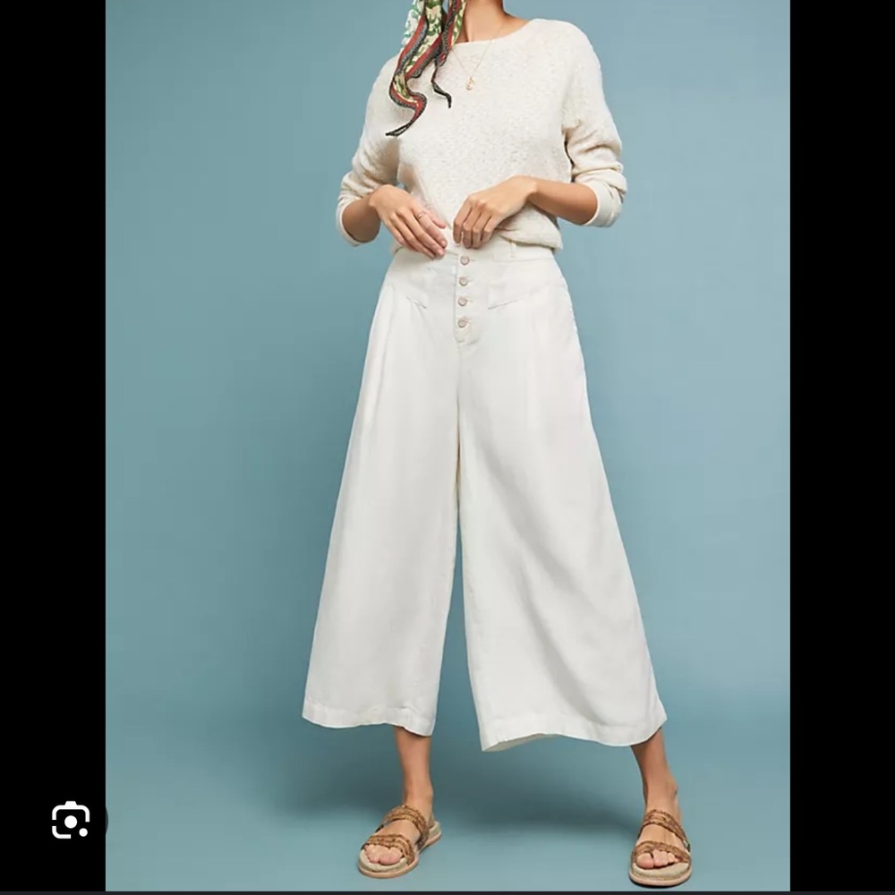 Wide-Leg Button Front Crop Pants - Cream